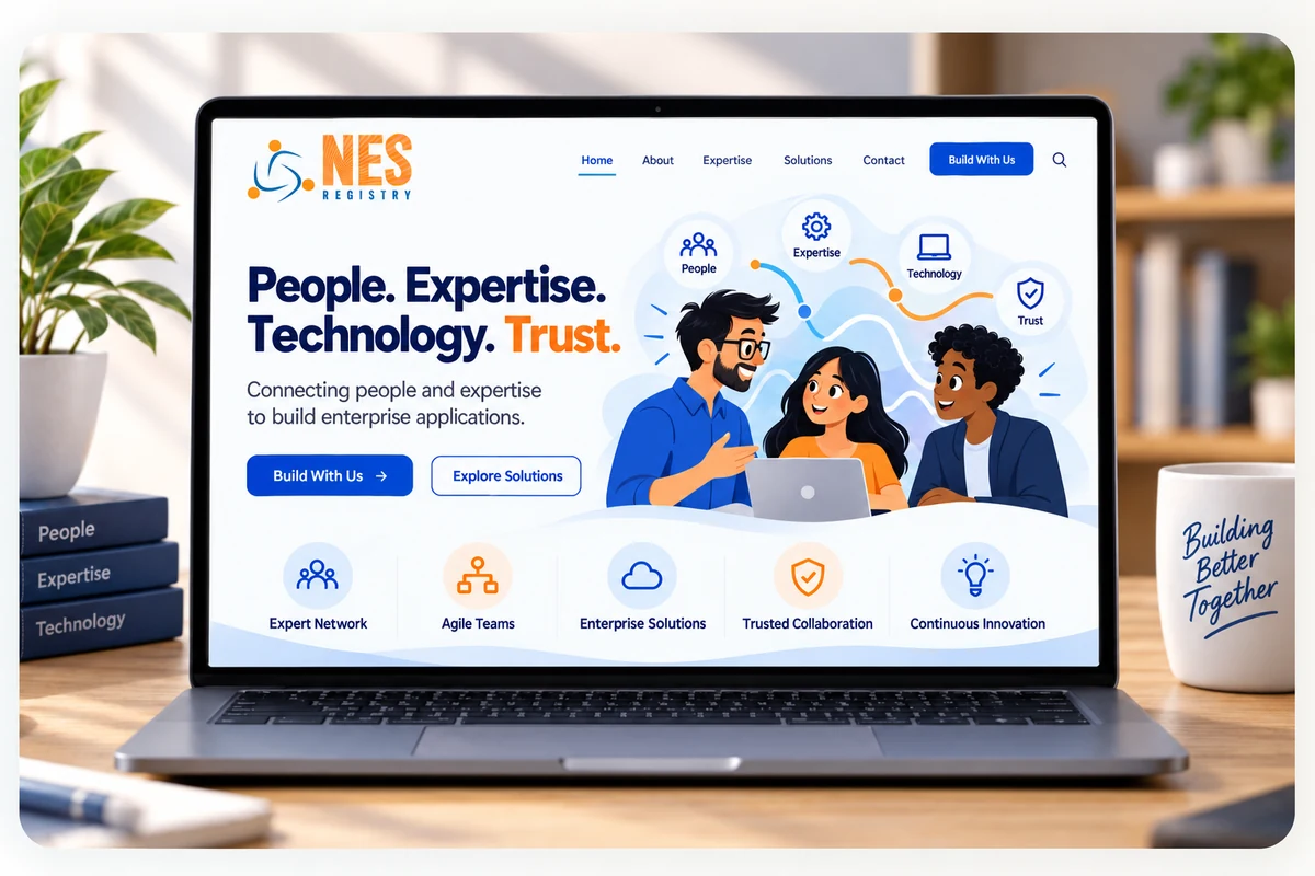 NES Registry laptop mockup on a warm desk, with its orange and blue logo and an illustration of people collaborating